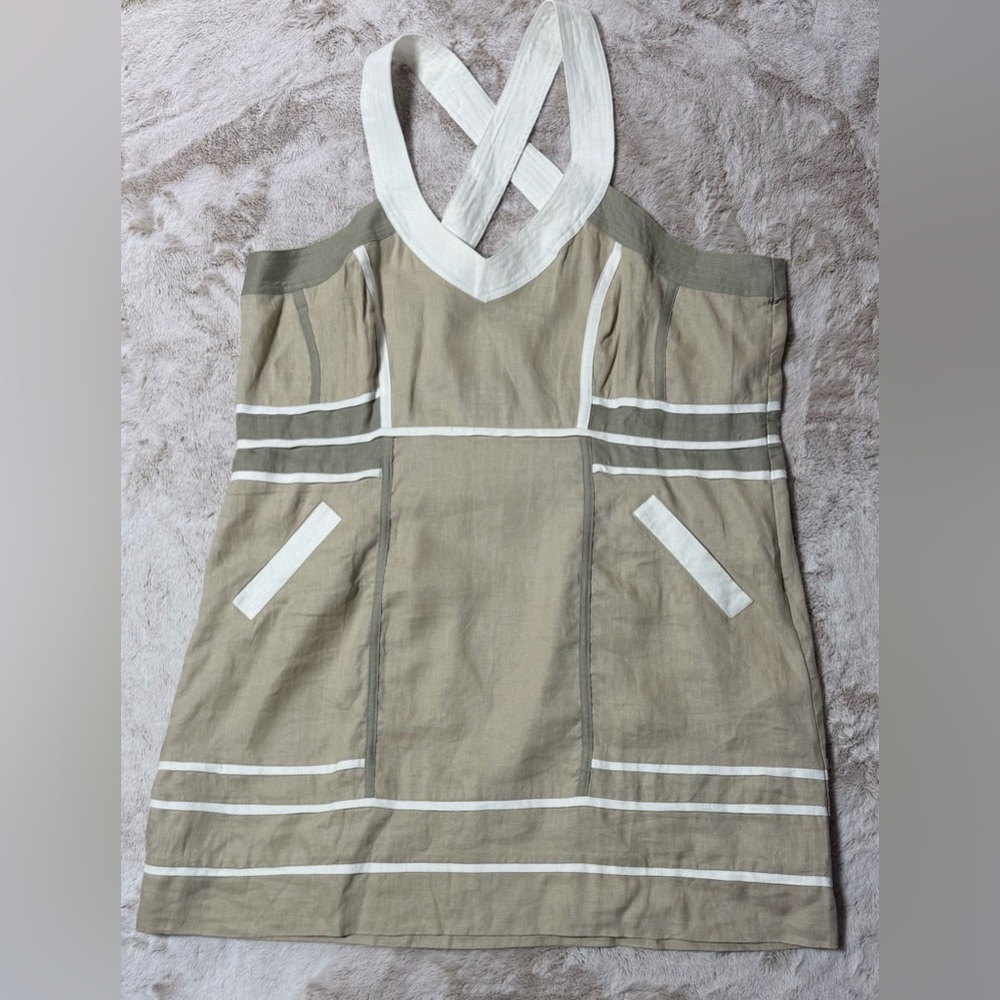 Women’s 100% Linen Beige and White Criss-Cross Mini Dress 16-18